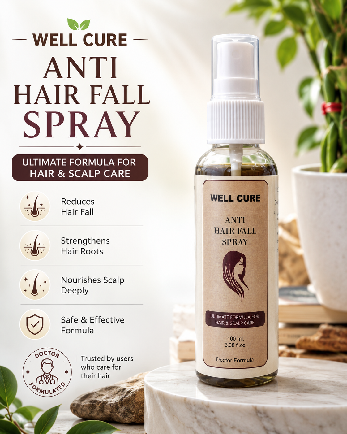 Well Cure Anti Hair Fall Spray – 100ml | Ultimate Formula for Hair & Scalp Care