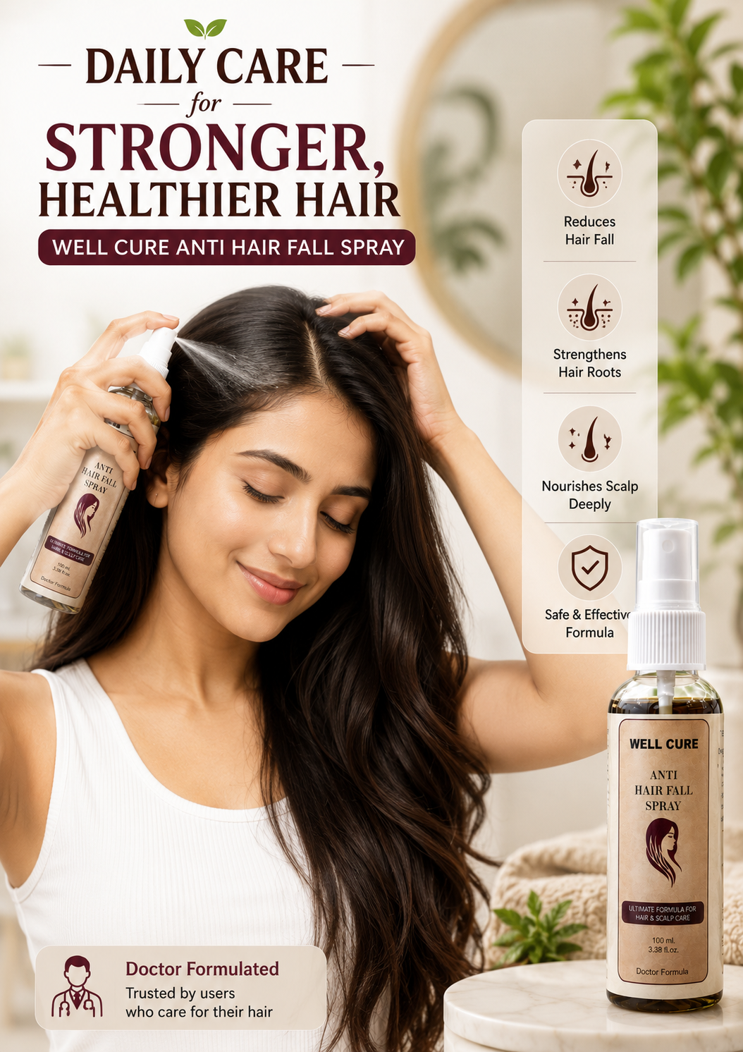 Well Cure Anti Hair Fall Spray – 100ml | Ultimate Formula for Hair & Scalp Care